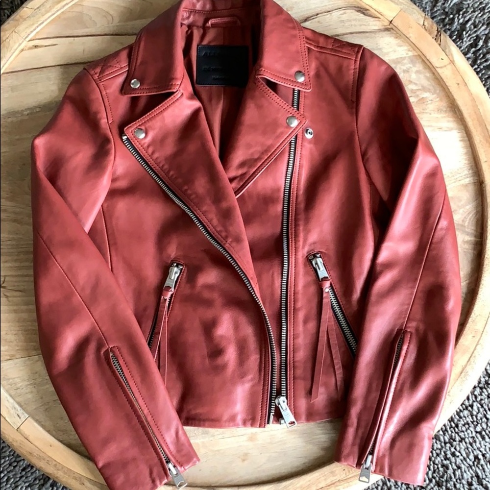 AllSaints Brick Red Dalby Leather Biker Jacket